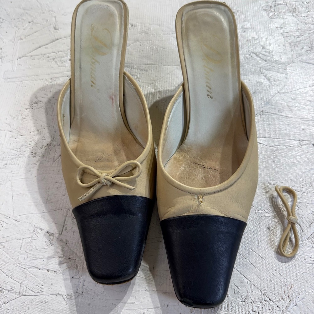 Vintage Delman Leather Mule Heels 6.5M Beige Black Square Toe Bow READ - Picture 2 of 10